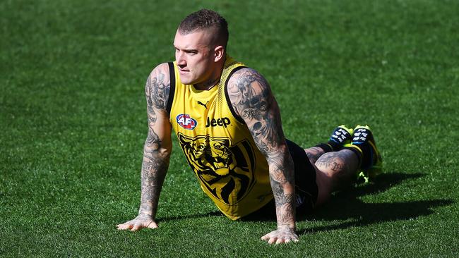 Dustin Martin warms up at Richmond training.