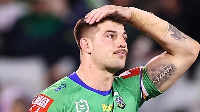 CANBERRA, AUSTRALIA - MAY 22:  Corey Harawira-Naera and Curtis Scott of the Raiders look dejected after defeat during the round 11 NRL match between the Canberra Raiders and the Melbourne Storm at GIO Stadium, on May 22, 2021, in Canberra, Australia. (Photo by Mark Kolbe/Getty Images)