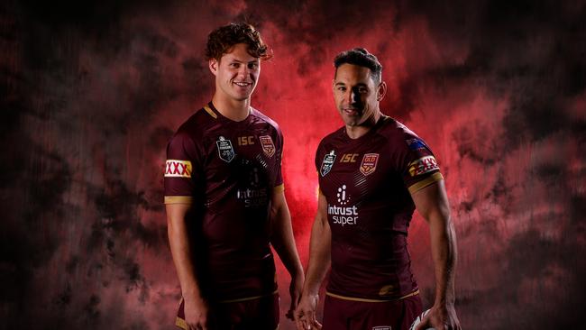 The master and the apprentice … Queensland fullback Billy Slater (right) with debutant Kalyn Ponga. Photo: Adam Head