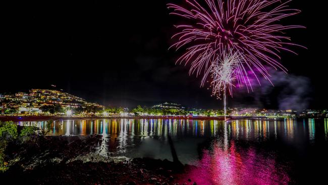 Fireworks explode in the sky over Airlie Beach on Friday night for the annual Whitsunday Reef Festival.