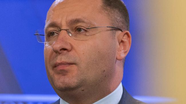 CANBERRA, AUSTRALIA - NewsWire Photos FEBRUARY 24, 2023: An emotional Ambassador of Ukraine to Australia & New Zealand, H.E. Vasyl Myroshnychenko, during his address to the National Press Club of Australia, in Canberra.Picture: NCA NewsWire / Gary Ramage