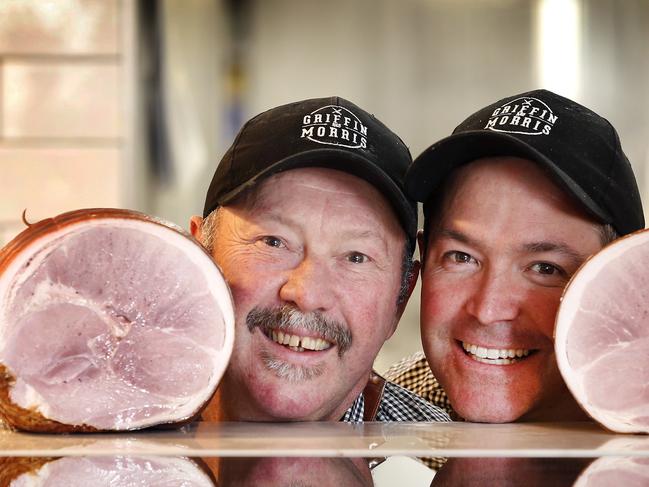 EMBARGOED UNTIL 20TH NOV. Griffin & Morris butchers of Berwick has won Australia's best boneless ham at the Australian Pork Awards. Owners Kerr Griffin and Steven Morris, ham it up with the prize hams.      Picture: David Caird