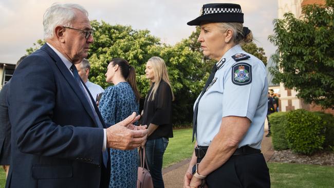 TRC Mayor Paul Antonio talks with Police Commissioner Katarina Carroll before the Toowoomba Community Safety Forum at Empire Theatres. Picture: Kevin Farmer