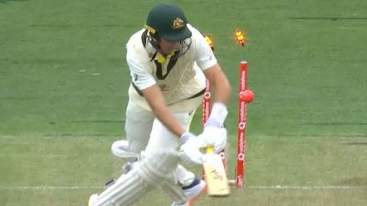 Marnus Labuschagne falls over and loses all his stumps in Hobart. Picture: Supplied