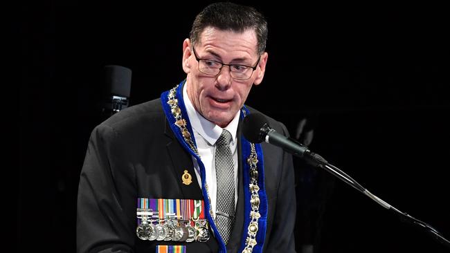 Controversial Townsville Mayor Troy Thompson delivers his address at the 2024 Anzac Day Dawn Service. Picture: Evan Morgan