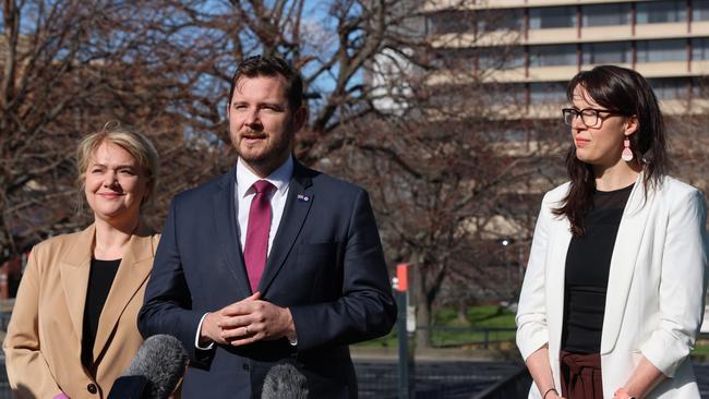 The state government has purchased the Fountainside Hotel. Clark MP Madeleine Ogilvie, Minister for Housing and Planning Felix Ellis and Royal Hobart Hospital Director of Nursing Erin Smallbon speak to the media on site on Thursday, August 22, 2024.