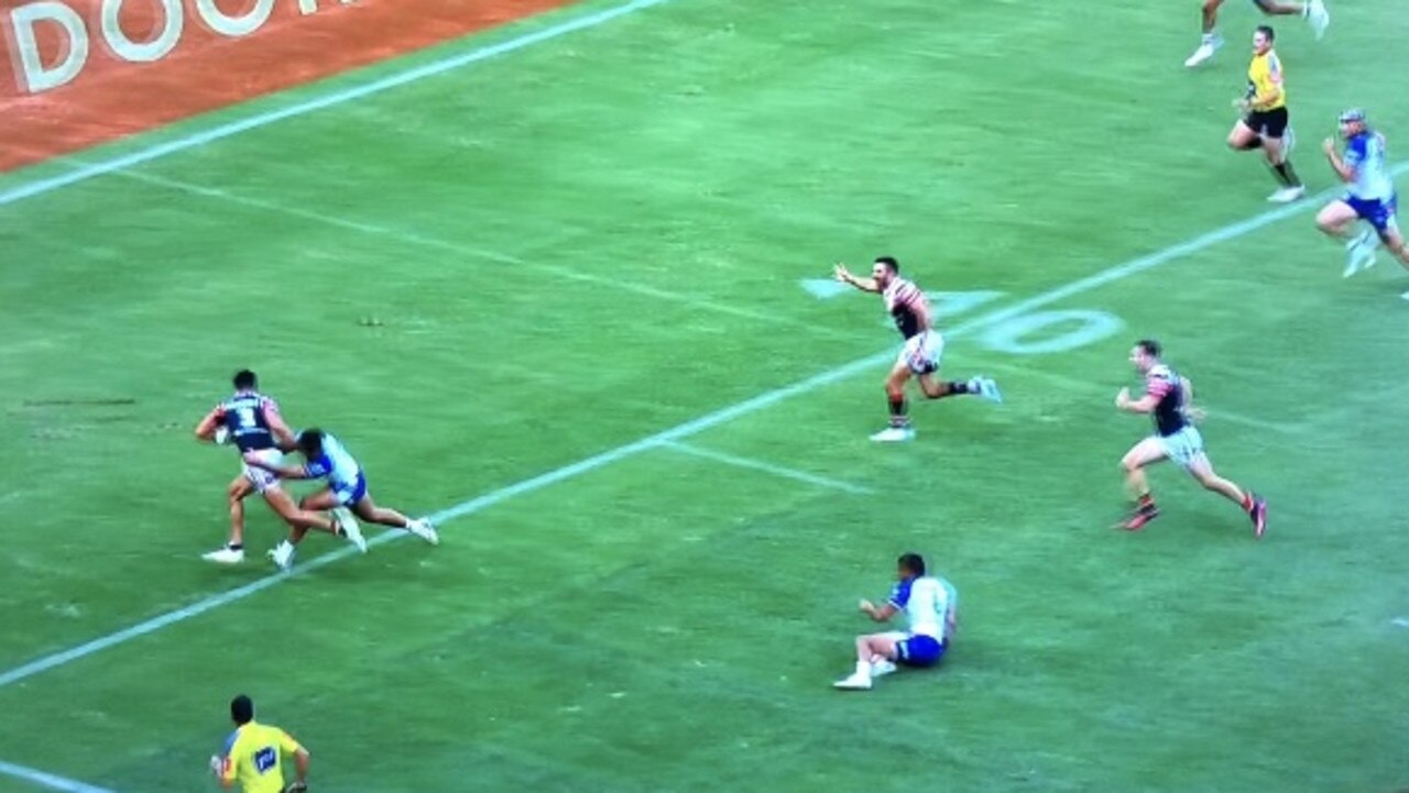 Joseph-Aukuso Suaalii leaves James Tedesco hanging.