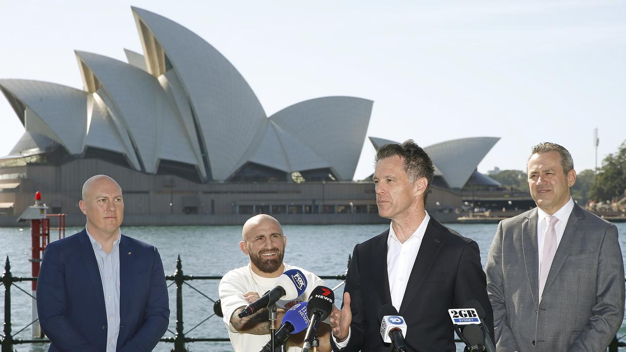 Vice President of UFC Australia Peter Kloczko, No.1 UFC featherweight Alexander Volkanovski, Premier Chris Minns and Minister for Sport Steve Kamper announcing Sydney will host UFC 312 in February 2025. Picture: NewsWire / John Appleyard