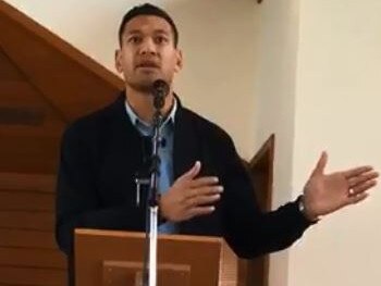 An image from a Facebook video showing Israel Folau preaching at his The Truth of Jesus Christ Church in Sydney.