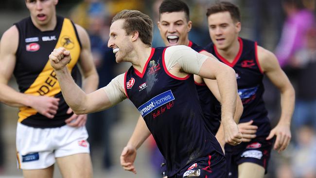 Norwood’s Simon Phillips celebrates a goal. Picture: Mark Brake