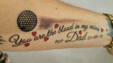 Marie has a tattoo on her left arm in memory of her father, a golf ball surrounded by hearts with the message 'You are the blood in my veins R.I.P. Dad 23.08.2015'.