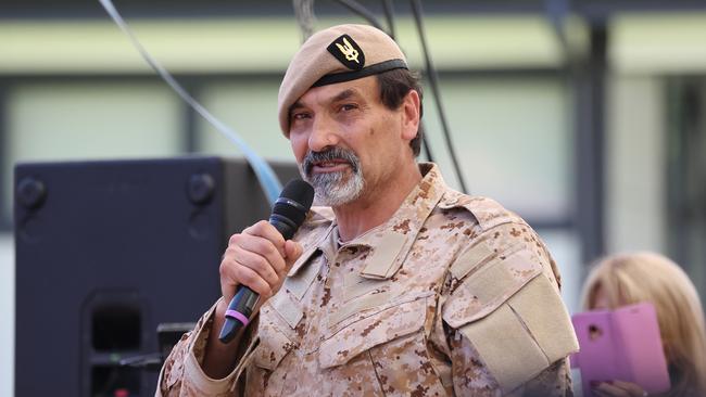 Former SAS Officer Riccardo Bosi spoke at the The World Wide Freedom Day protest in Sydney, where thousands of protesters who marched form Strathfield Station to Burwood Park. Picture: David Swift