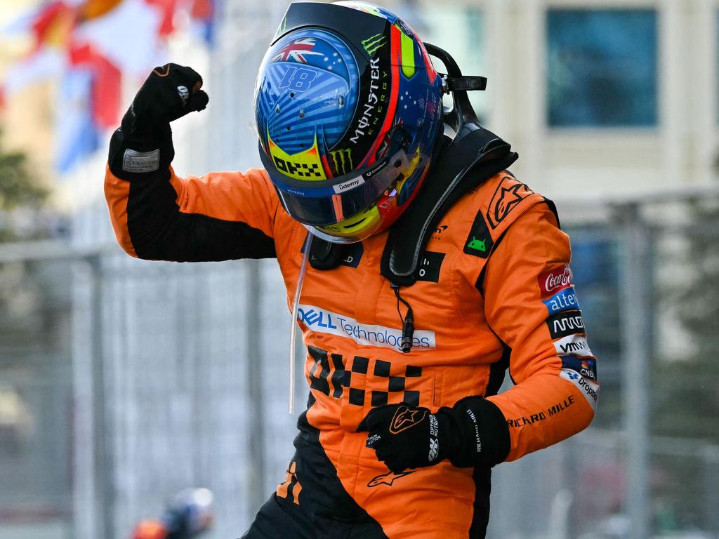 Oscar Piastri celebrates after winning the Formula One Azerbaijan Grand Prix at the Baku City Circuit in Baku. Picture: AFP