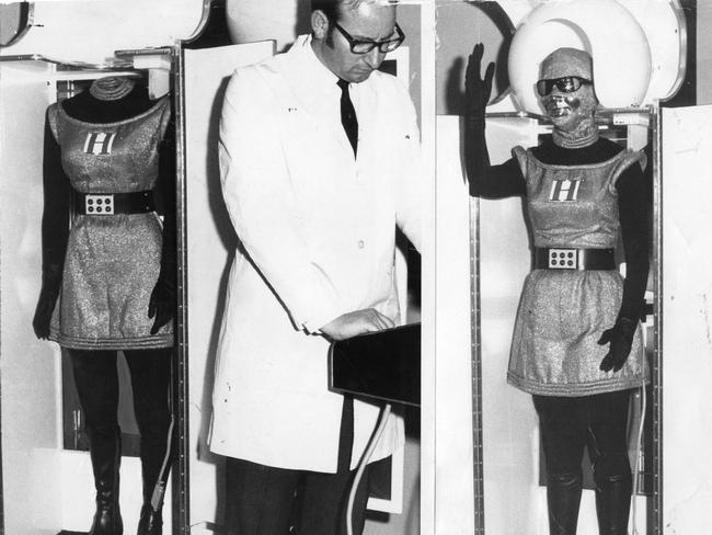 Robot Miss Honeywell at the University of Adelaide's Elder Hall, where she is displayed at the Australian Computer Conference. Used "The Advertiser" 13 Aug 1969. (Pic by unidentified staff photographer)