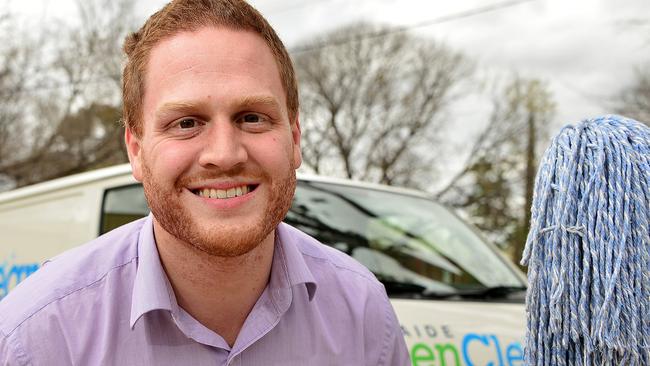 Jordan Walsh ended his career as a lawyer to start up his own cleaning business Adelaide Green Clean focusing on environmentally friendly products. Pic Bianca De Marchi