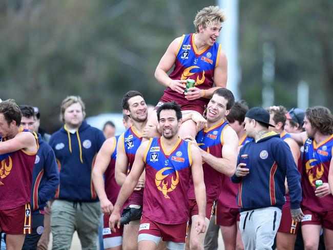 Nepean FL: Tyabb v Pearcedale. Tyabb #17 Andrew Whalley is chaired off the ground after his 100th club game. Tyabb 13.8 def Pearcedale 6.13 Picture: Jason Sammon Saturday 13 August 2016