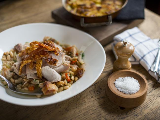 Pork loin with crackling and cassoulet at Du Fermier. Picture: Eugene Hyland