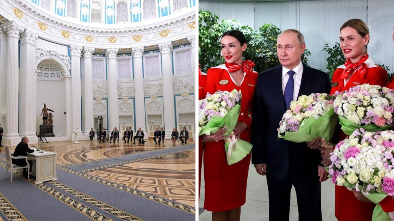 Left: 2 Feb 2022, Putin speaks before recognising Ukraine's breakaway regions; Right: 5 March 2022, Putin poses with Aeroflot flight attendants. Pictures: Mikhail Klimentyev / Sputnik / AFP