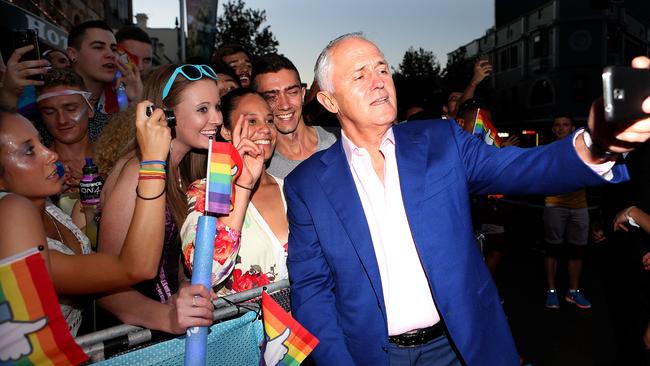 Prime Minister Malcolm Turnbull outside Kinselas during the Mardi Gras parade in 2016.