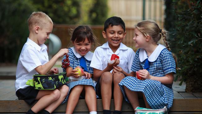 Ryan Wall, 6, Emily Adcock, 6, Jude Chittinappilly, 6, Georgie Allen, 6, at St Kieran’s Catholic Public School which has a healthy canteen. Picture: Justin Lloyd