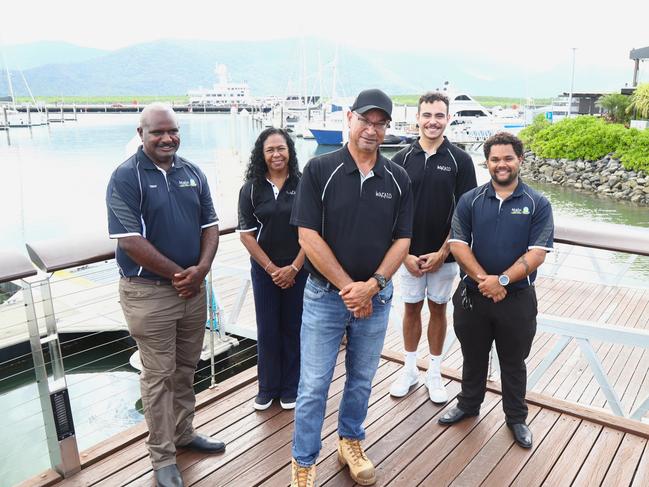 Isaac Ghee from Malu Ventures: Torres Strait, Wakaid's Ann-Maree Titasey, director Frank Aragu, Kyasi Aragu and Malu Ventures mentor Quinn Ross-Passi in Cairns for the announcement of support for First Nations-led training. Picture: Peter Carruthers