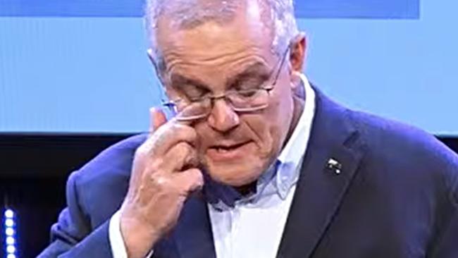 Scott Morrison tears up while addressing Horizon Church after his election defeat. Picture: YouTube/Horizon Church