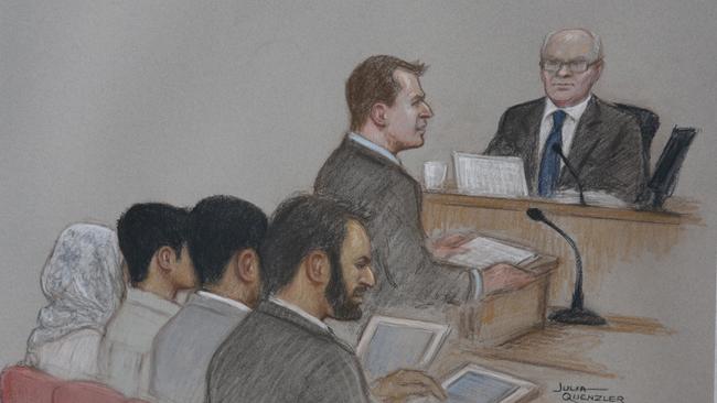 An artist’s sketch of Prosecutor Greaney on his feet addressing the court and (from left) the terror teen’s mother, the accused, his father and one of his lawyers. Picture: Supplied