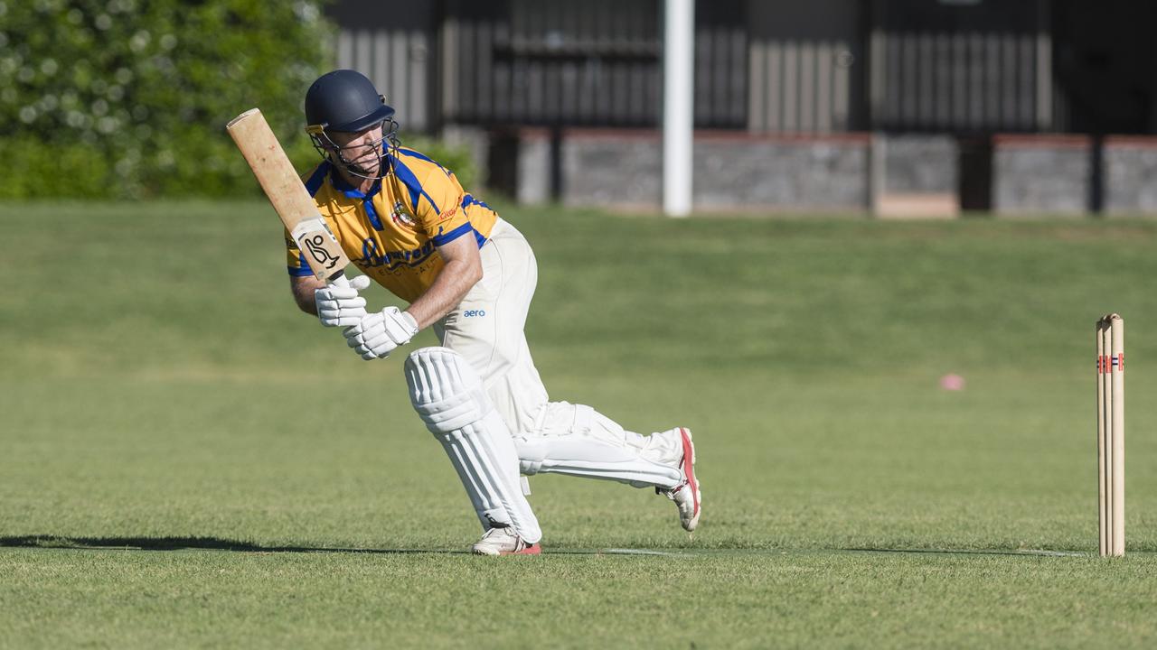 Stuart Moar scores four runs for Northern Brothers Diggers Gold batting against University Bush Chooks in Toowoomba Cricket C Grade One Day semi final at Godsall St East oval, Saturday, December 9, 2023. Picture: Kevin Farmer