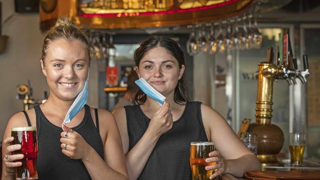 Hattie McIntosh and Liliana Allen ahead of the mask mandate at The Whaler, Hobart. Picture: Chris Kidd