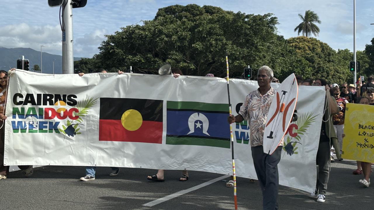 Yidinji Elder and Gimuy Traditional Owner Uncle Peter â&#128;&#152;Bumiâ&#128;&#153; Hyde leads the NAIDOC Week march through the Cairns CBD. Photo: Dylan Nicholson