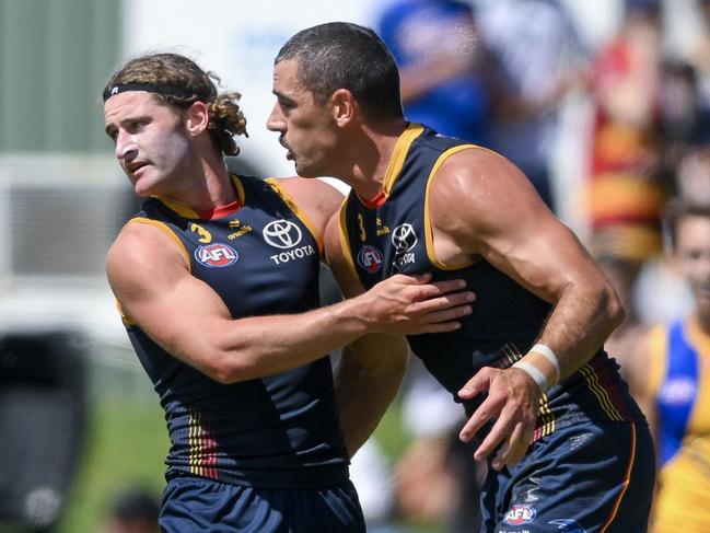 Sam Berry celebrates an early goal with Taylor Walker. Picture: Mark Brake/Getty Images