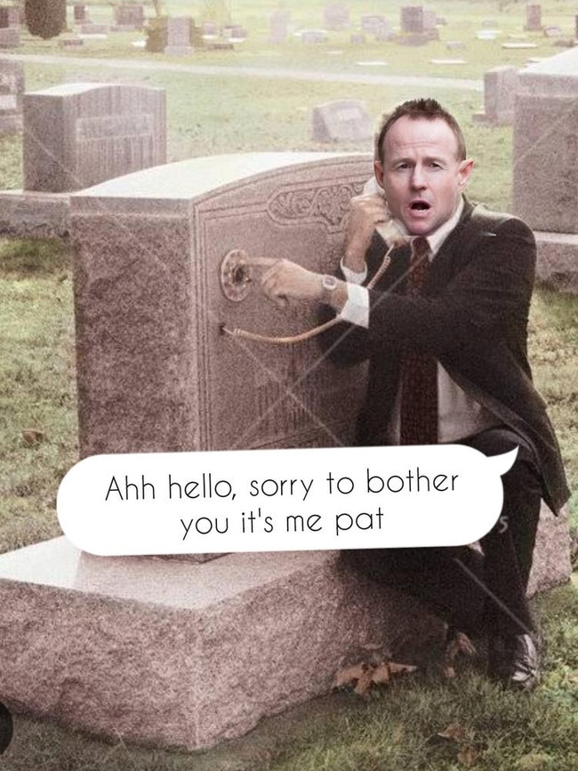 A meme depicting Melbourne solicitor Patrick Lennon talking on a phone connected to a gravestone.