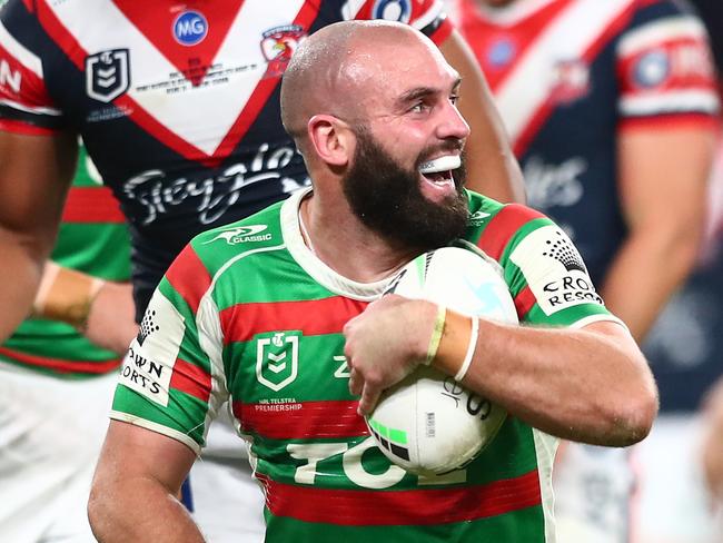 BRISBANE, AUSTRALIA - AUGUST 27:  Mark Nicholls of the Rabbitohs celebrates after scoring a try during the round 24 NRL match between the Sydney Roosters and the South Sydney Rabbitohs at Suncorp Stadium on August 27, 2021, in Brisbane, Australia. (Photo by Chris Hyde/Getty Images)