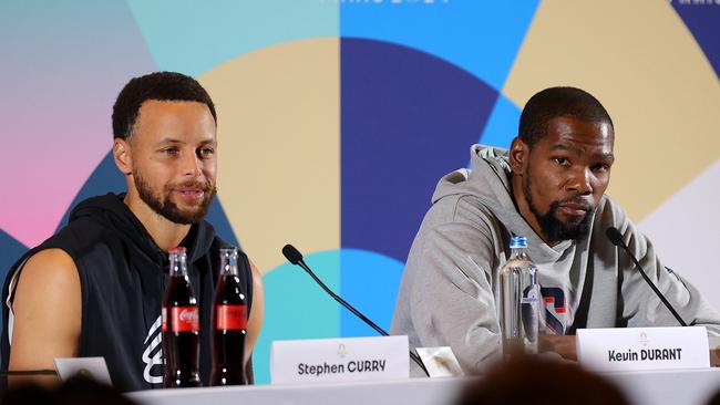 Steph Curry and Kevin Durant address the media at the Paris Olympic Games media centre. Picture: Mike Lawrie/Getty Images