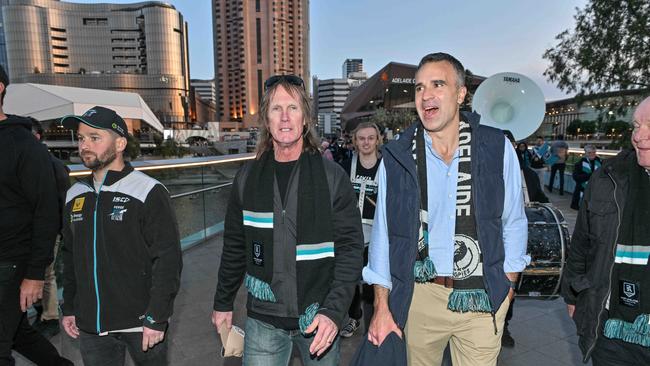 Port Adelaide legend Greg Anderson and Premier Peter Malinauskas arriving for the Port v Hawthorn semi final at Adelaide Oval. Picture: Brenton Edwards