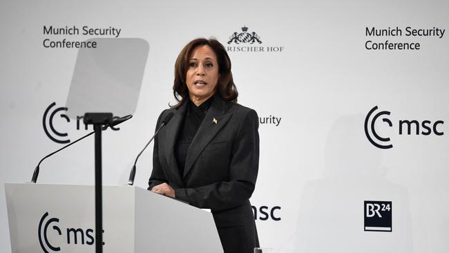 Kamala Harris addresses the Munich Security Conference on Saturday. Picture: AFP