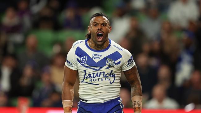 Josh Addo-Carr almost carried the Bulldogs to victory, with six linebreaks, 11 tackle breaks, three tries and 243 running metres. Picture: Getty Images