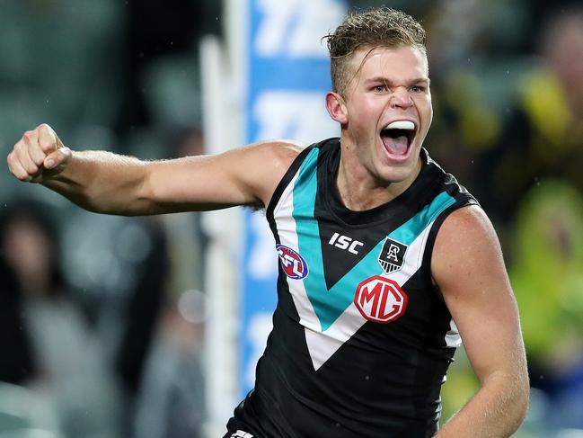 AFL - Saturday, 8th August, 2020 - Port Adelaide v Richmond at the Adelaide Oval. Port Adelaide's Dan Houston celebrates his goal Picture: Sarah Reed