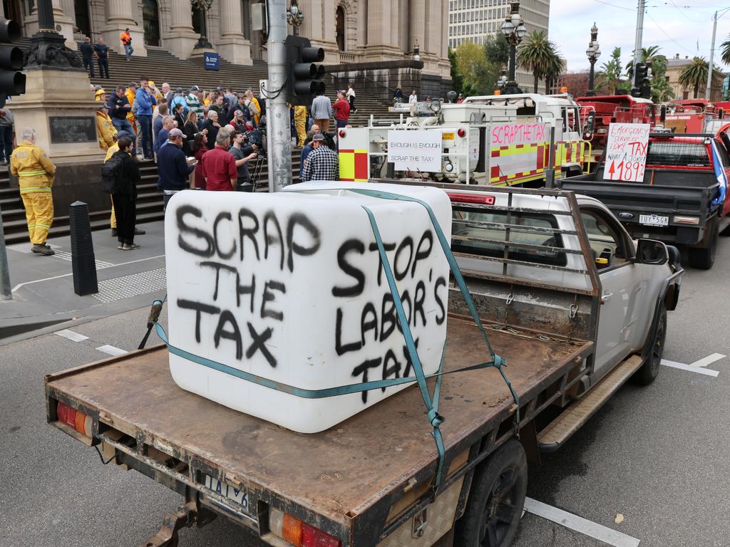CFA volunteers protesting earlier this month in front of parliament. Picture: David Crosling