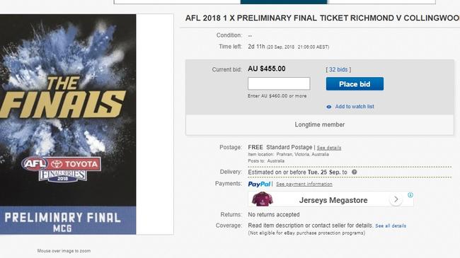 Richmond Collingwood preliminary final tickets advertised on eBay