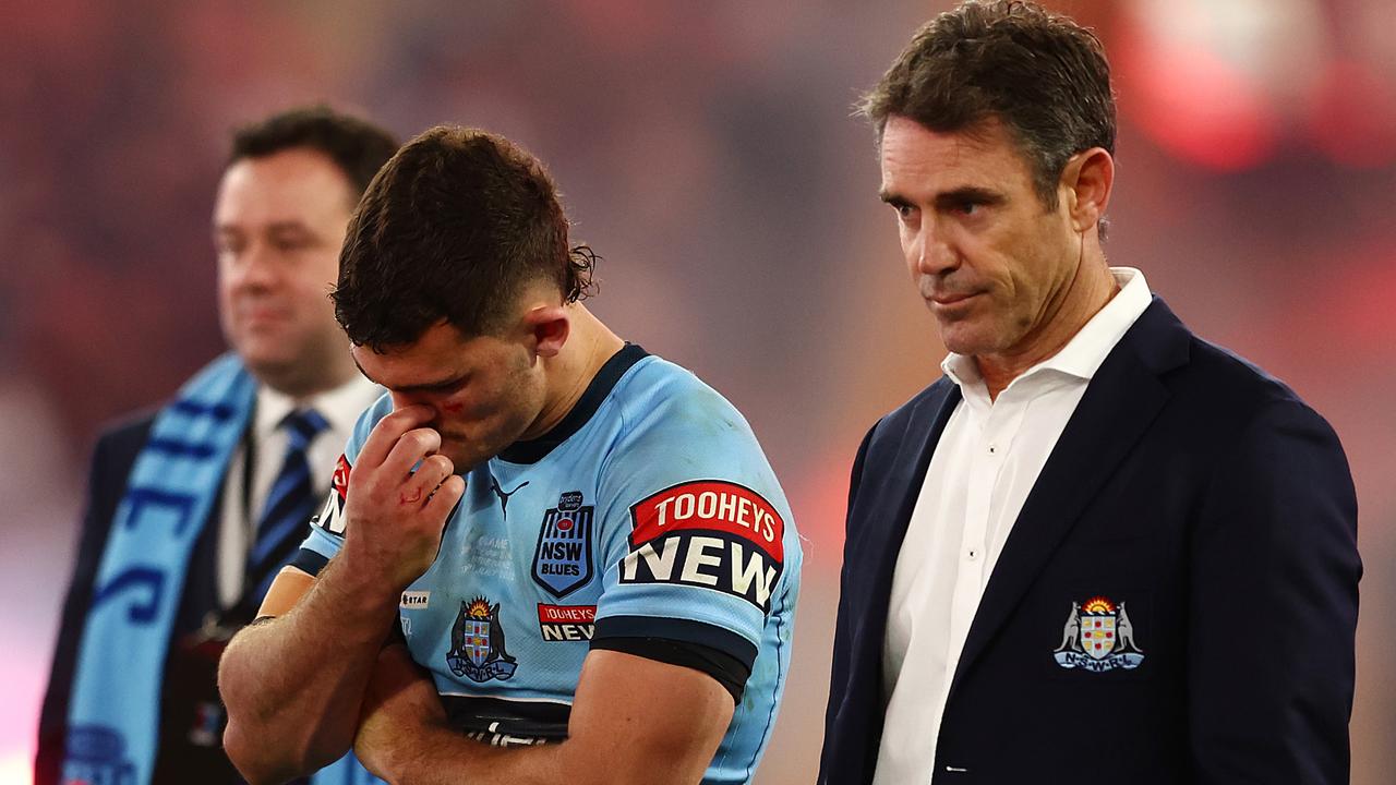 BRISBANE, AUSTRALIA - JULY 13: Nathan Cleary of the Blues and Blues coach Brad Fittler look on after game three of the State of Origin Series between the Queensland Maroons and the New South Wales Blues at Suncorp Stadium on July 13, 2022, in Brisbane, Australia. (Photo by Chris Hyde/Getty Images)