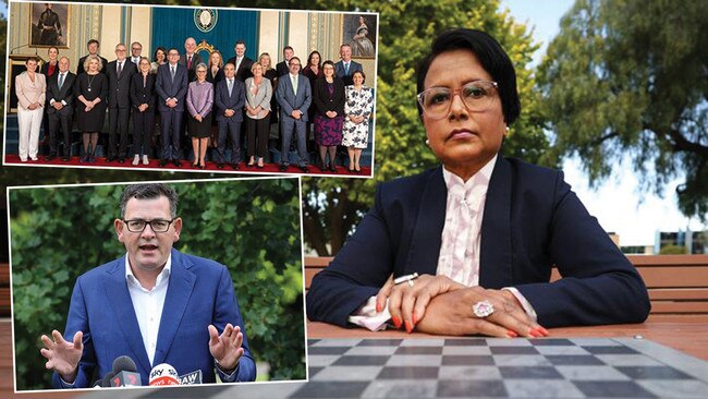 Kaushaliya Vaghela, right, has accused the Labor government and Victorian Premier Dan Andrews, left, of bullying. The Premier recently tweeted a picture of his cabinet, top left, noting it is '50 per cent women'. Pictures: News Corp/Twitter