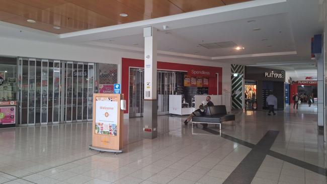 Power is out at Mt Barker mall, leaving stores in darkness. Picture: Jes Grace