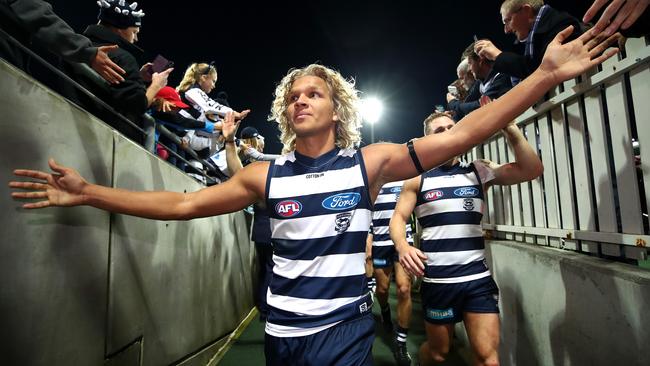 Quinton Narkle leaves the SCG after Geelong’s win over Sydney.