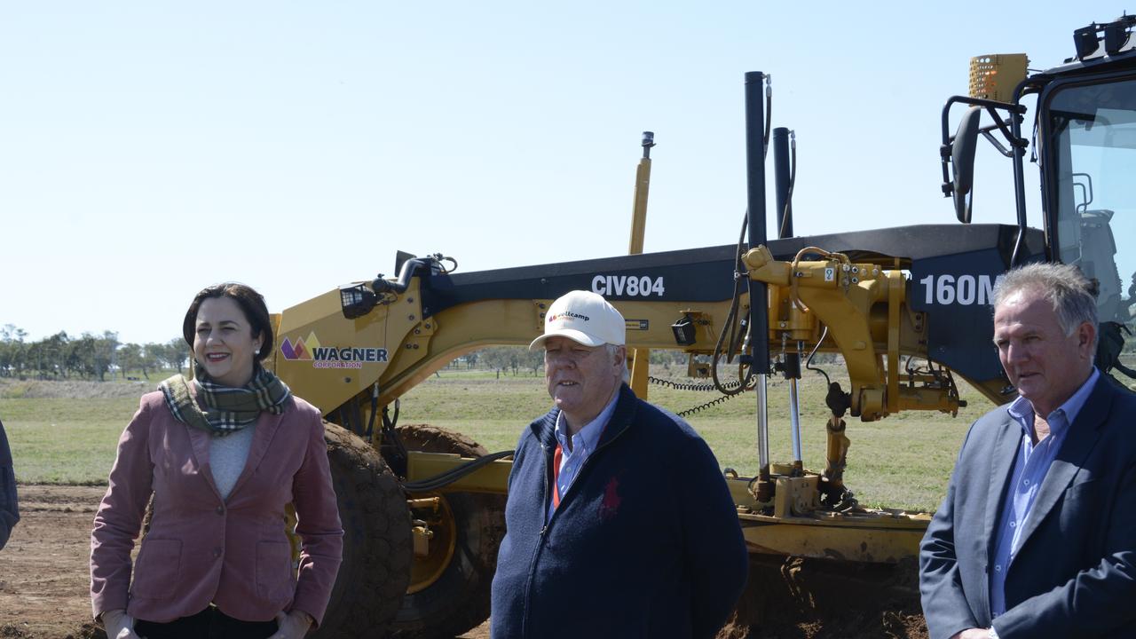Queensland Premier Annastacia Palaszczuk, Wagner Corporation chairman John Wagner and director Joe Wagner at the site of a quarantine hub that will be built at Wellcamp Airport in Toowoomba.
