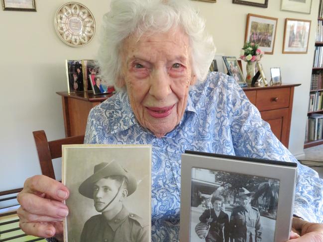 Mrs Helen Kirton (101) with photographs of her younger brother Lance Sergeant Jim Wheeler, who was killed at Sanananda in New Guinea in 1942, and finally laid to rest at Bomana War Cemetery in December 2009. Picture: © Ian McPhedran