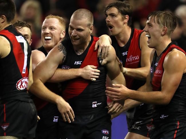 Jake Stringer of the Bombers celebrates a goal.