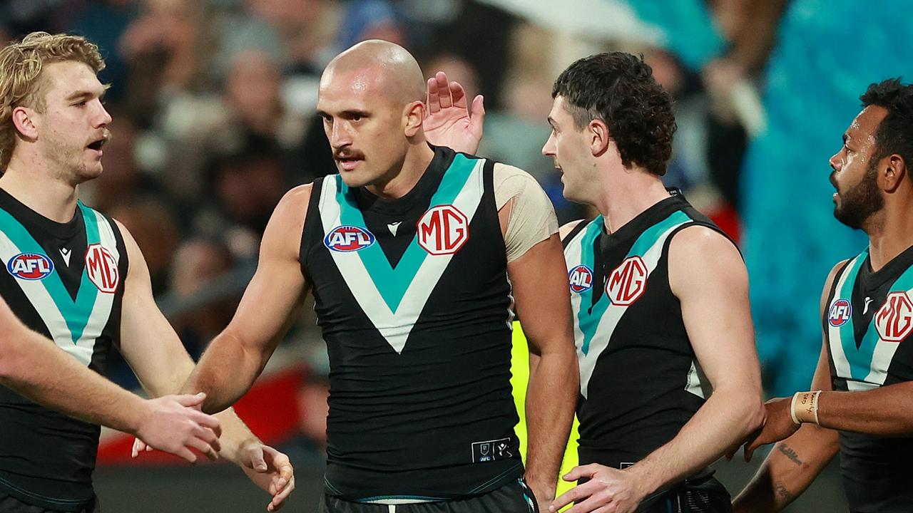 GEELONG, AUSTRALIA – AUGUST 05: Sam Powell-Pepper of the Power celebrates during the round 21 AFL match between Geelong Cats and Port Adelaide Power at GMHBA Stadium, on August 05, 2023, in Geelong, Australia. (Photo by Kelly Defina/Getty Images)