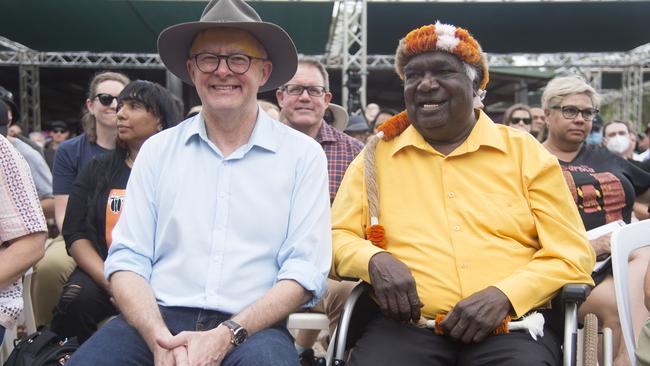 Prime Minister Anthony Albanese with Yothu Yindi Foundation Chair Galarrwuy Yunupingu at last year’s Garma Festival. Picture: AAP Image/Aaron Bunch