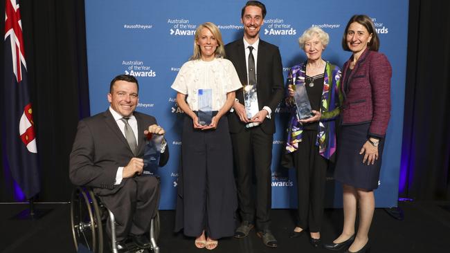 NSW Australian of the Year recipients, Kurt Fearnley (left), Sophie Smith, Jarrod Wheatley, Heather Lee and NSW Premier Gladys Berejiklian. Picture: Salty Dingo